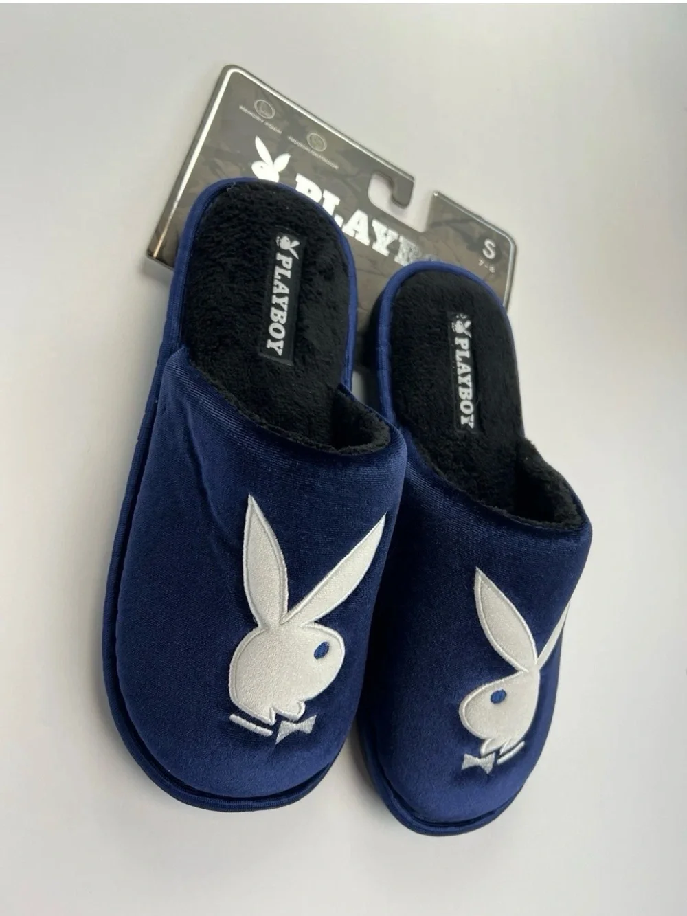 PLAYBOY Memory Foam Indoor Outdoor Navy Blue/White Slippers Mens Sz S (7-8)